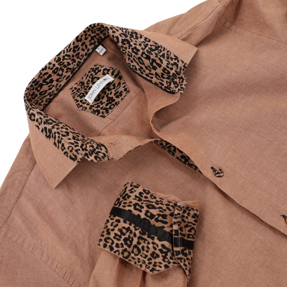 John Lennon Mens Terracotta Button Down Shirt Leopard Trim Peace Buttons L